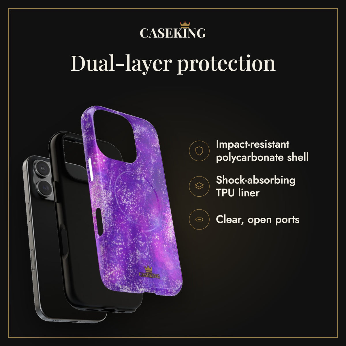Amethyst Gem MagSafe-compatible tough case infographic 3: Dual-layer protection