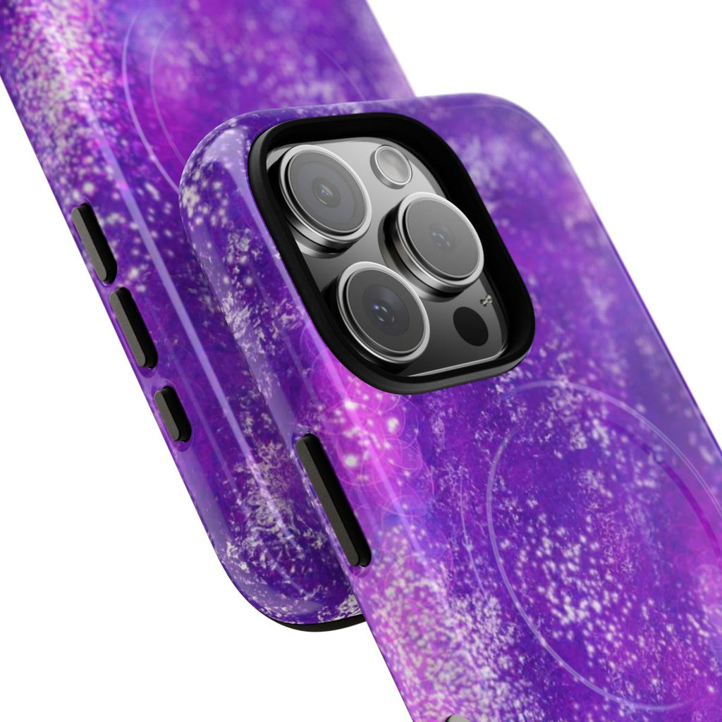 Amethyst Gem MagSafe-compatible tough case on iPhone 16 Pro, glossy finish (close-up)