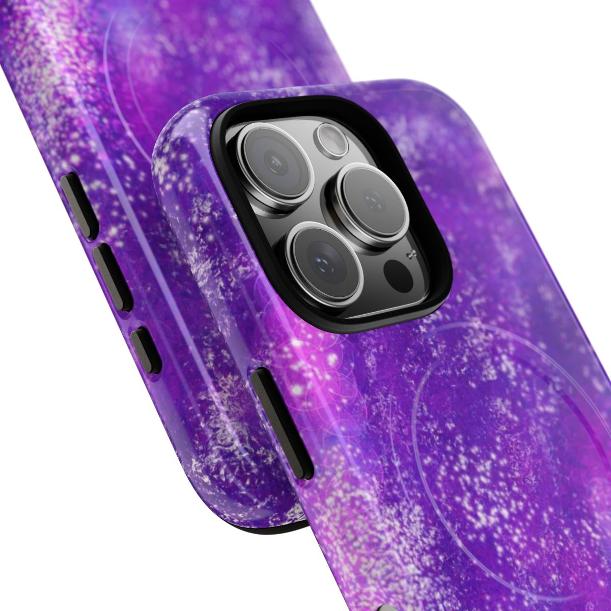 Amethyst Gem MagSafe-compatible tough case on iPhone 16 Pro, glossy finish (close-up)