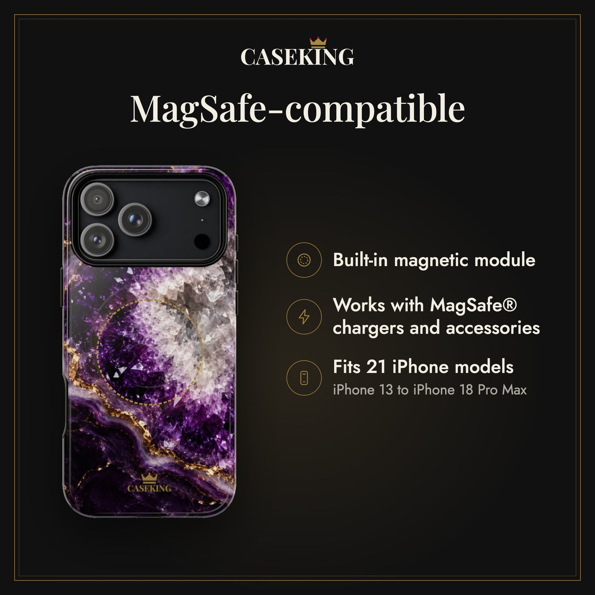 Amethyst Geode MagSafe-compatible tough case infographic 2: MagSafe-compatible