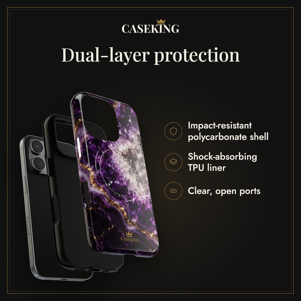 Amethyst Geode MagSafe-compatible tough case infographic 3: Dual-layer protection
