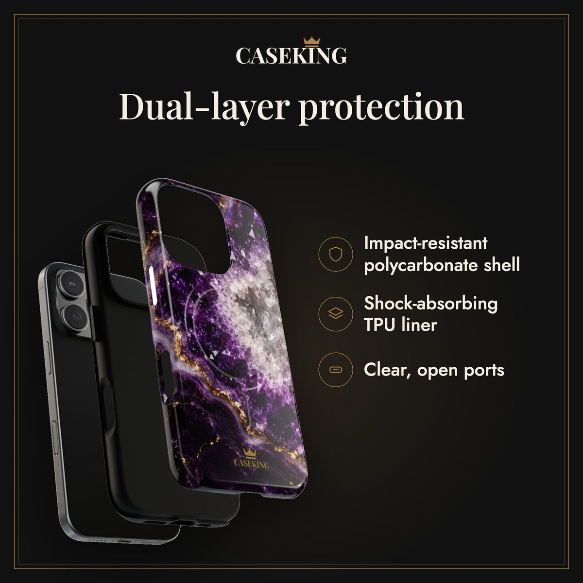 Amethyst Geode MagSafe-compatible tough case infographic 3: Dual-layer protection