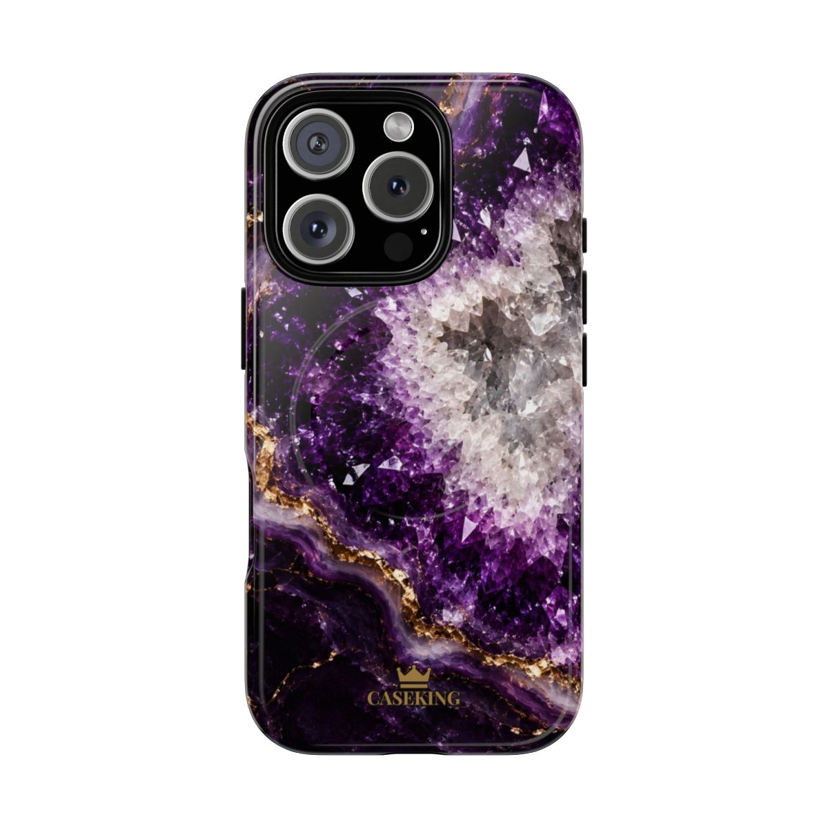 Amethyst Geode MagSafe-compatible tough case on iPhone 16 Pro, glossy finish