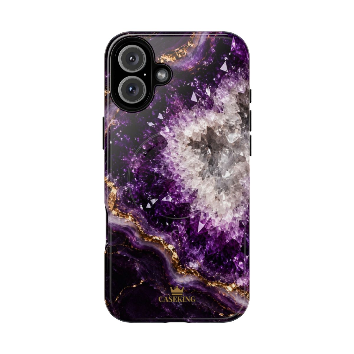 Amethyst Geode MagSafe-compatible tough case on iPhone 16 Plus, glossy finish