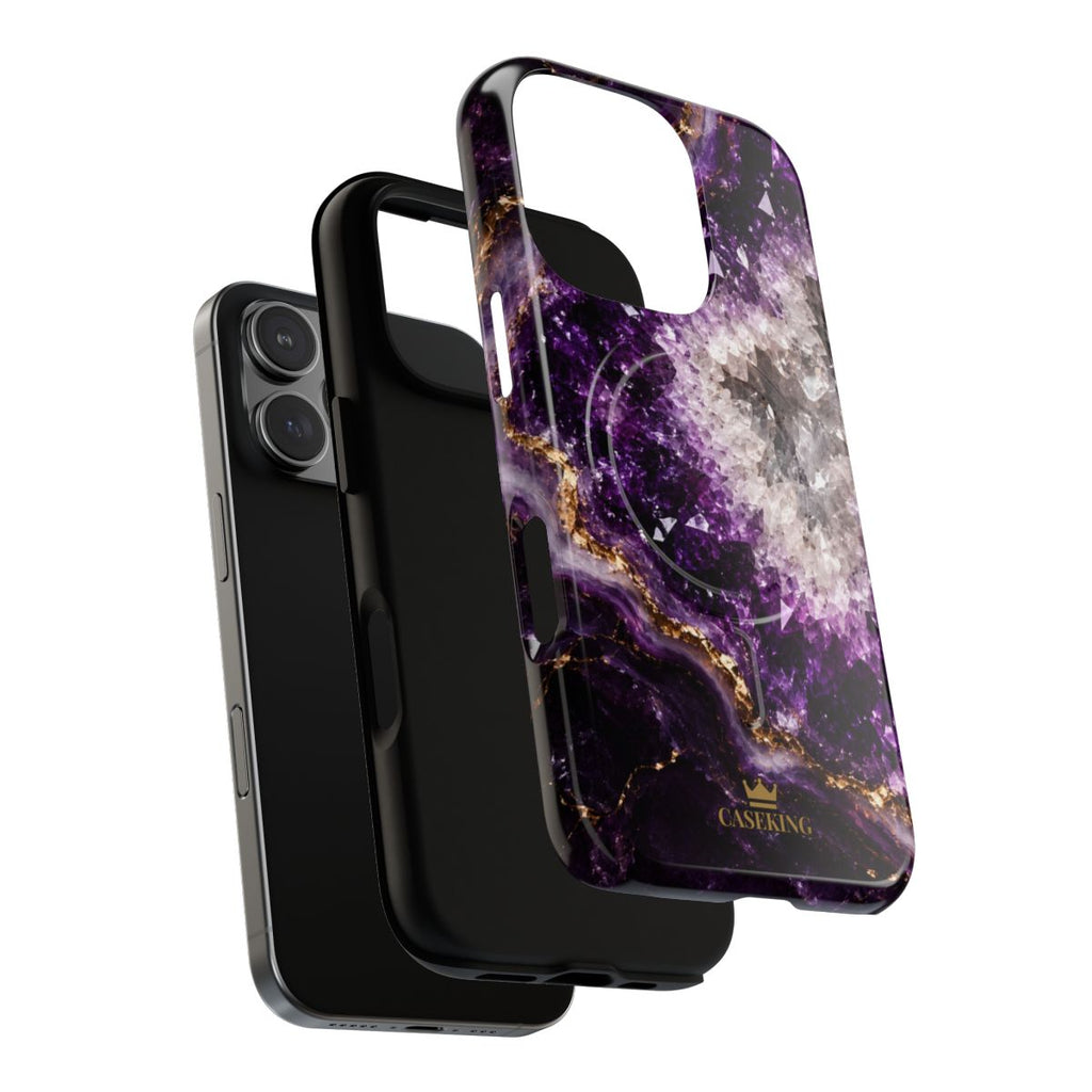 Amethyst Geode MagSafe-compatible tough case on iPhone 16 Pro, glossy finish (case layers)