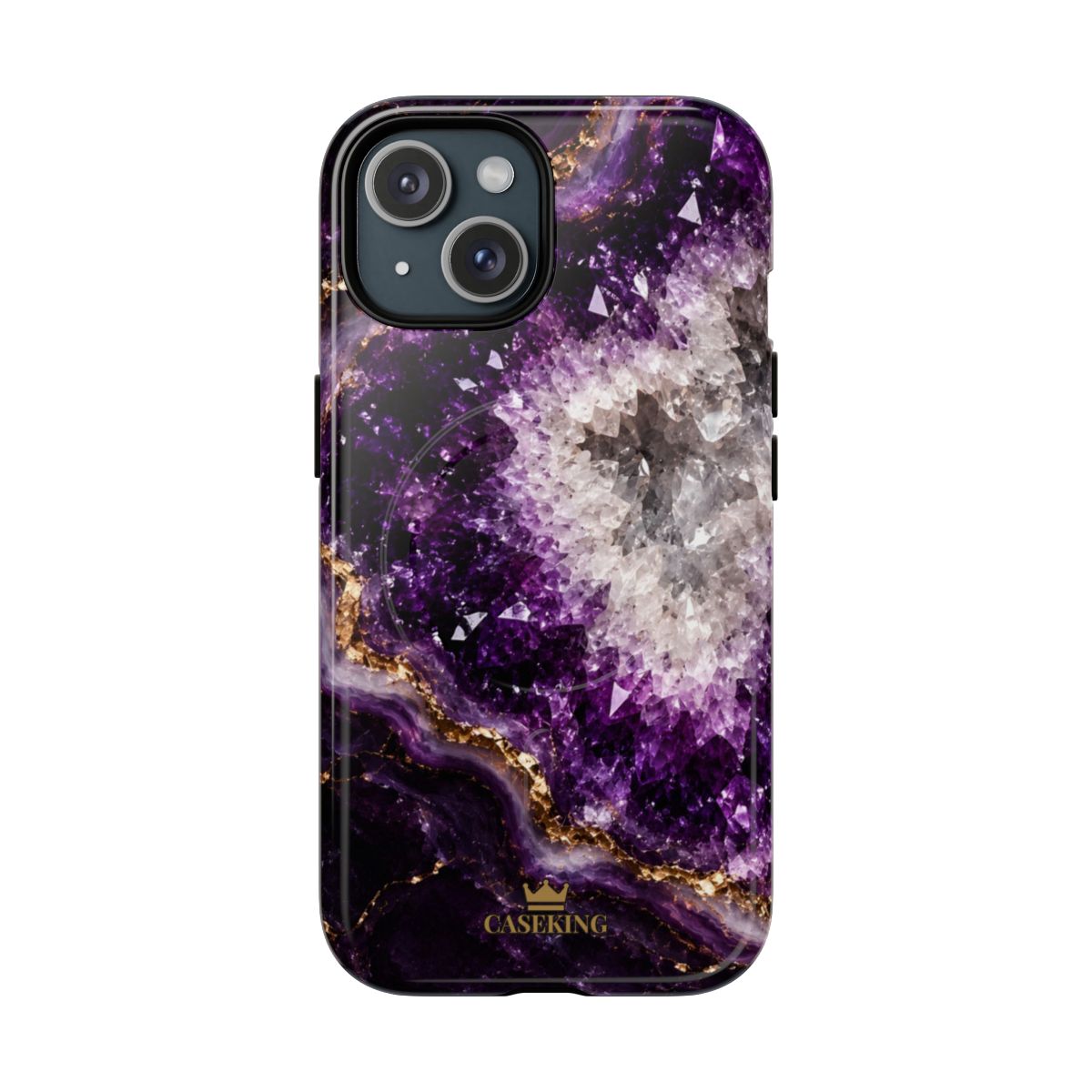 Amethyst Geode MagSafe-compatible tough case on iPhone 15, glossy finish
