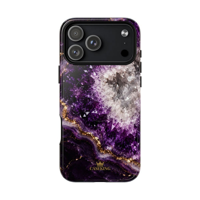 Amethyst Geode MagSafe-compatible tough case on iPhone 18 Pro Max, glossy finish