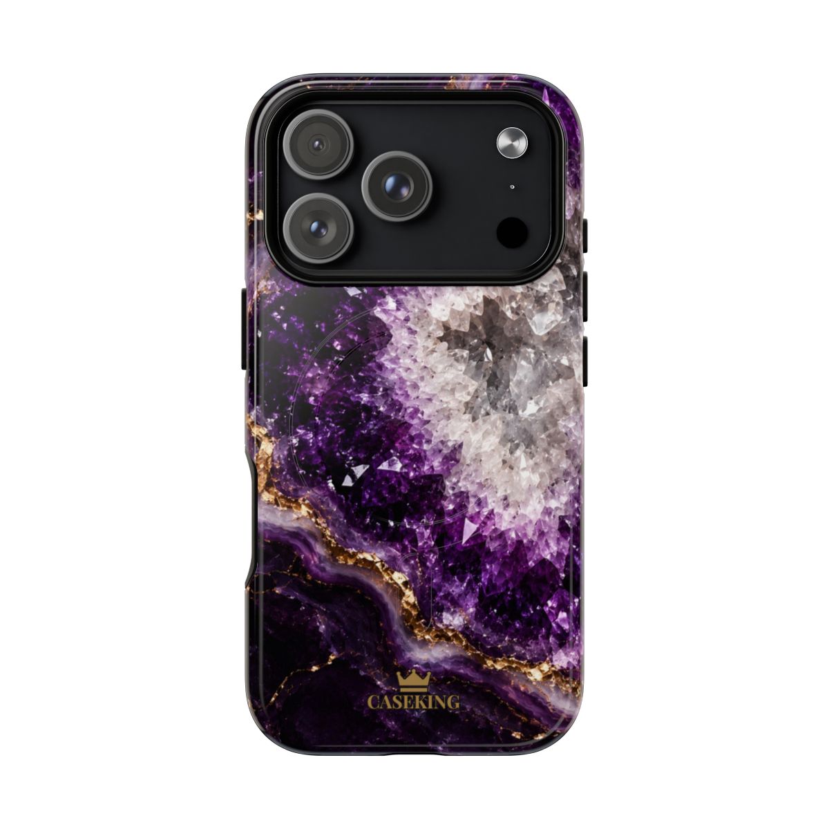 Amethyst Geode MagSafe-compatible tough case on iPhone 17 Pro, glossy finish