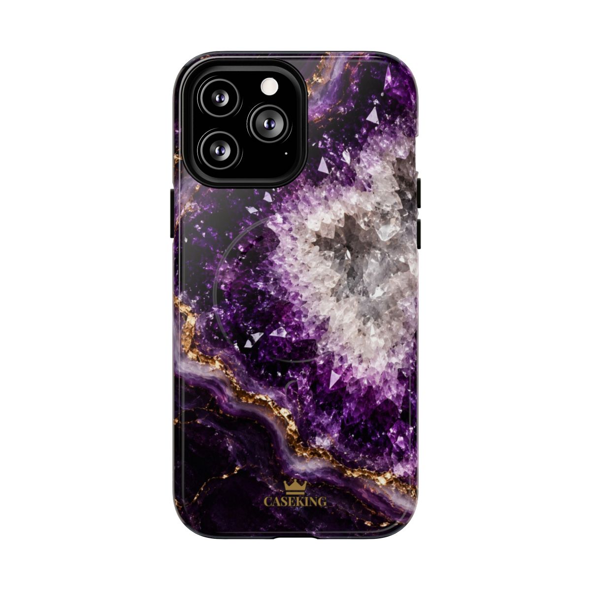 Amethyst Geode MagSafe-compatible tough case on iPhone 13 Pro Max, glossy finish