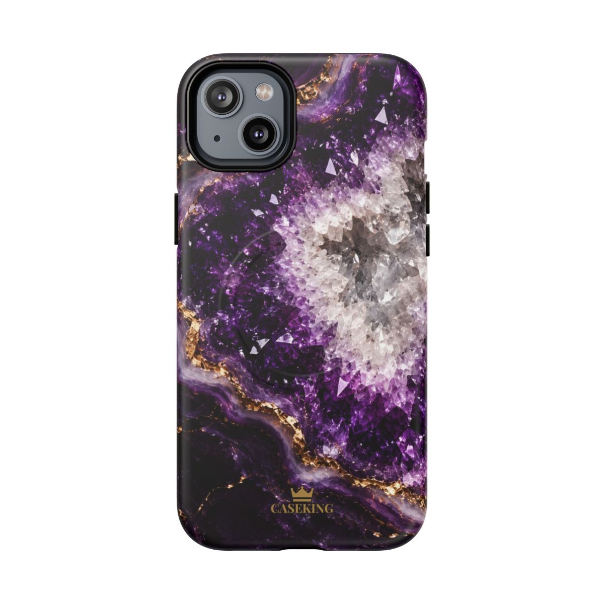Amethyst Geode MagSafe-compatible tough case on iPhone 14 Plus, matte finish