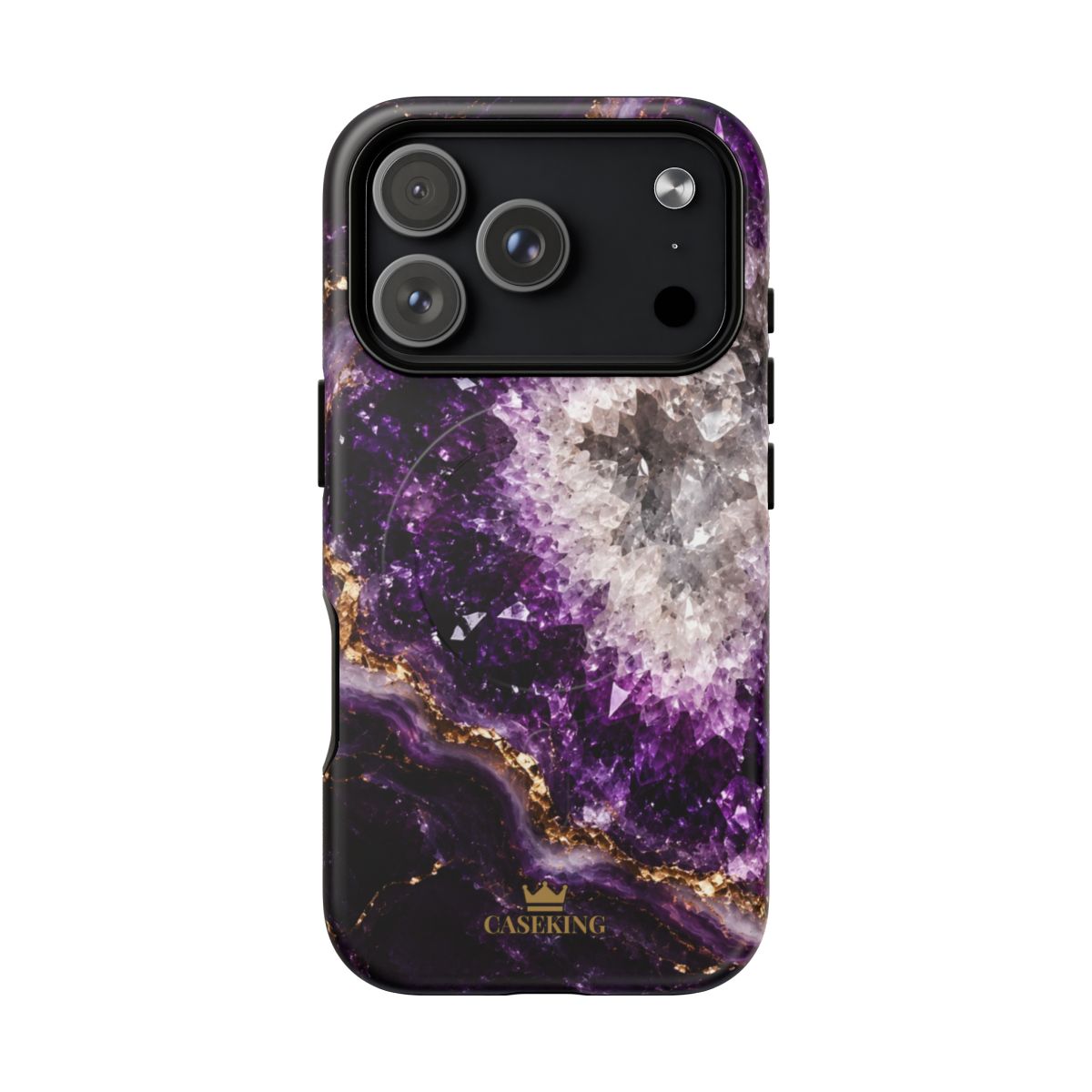 Amethyst Geode MagSafe-compatible tough case on iPhone 18 Pro, matte finish