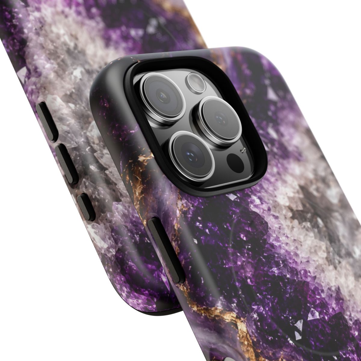 Amethyst Geode MagSafe-compatible tough case on iPhone 16 Pro, matte finish (close-up)
