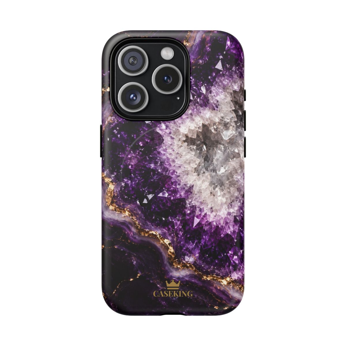Amethyst Geode MagSafe-compatible tough case on iPhone 15 Pro, matte finish