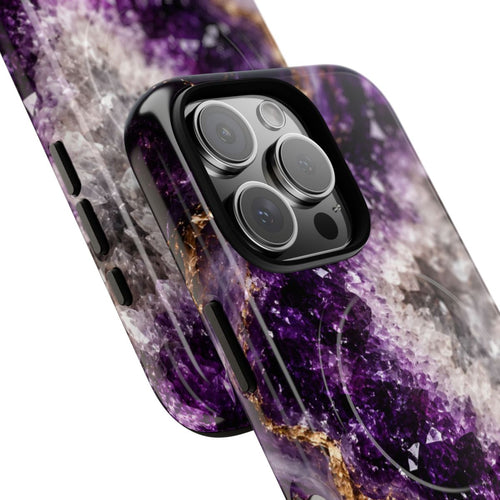 Amethyst Geode MagSafe-compatible tough case on iPhone 16 Pro, glossy finish (close-up)
