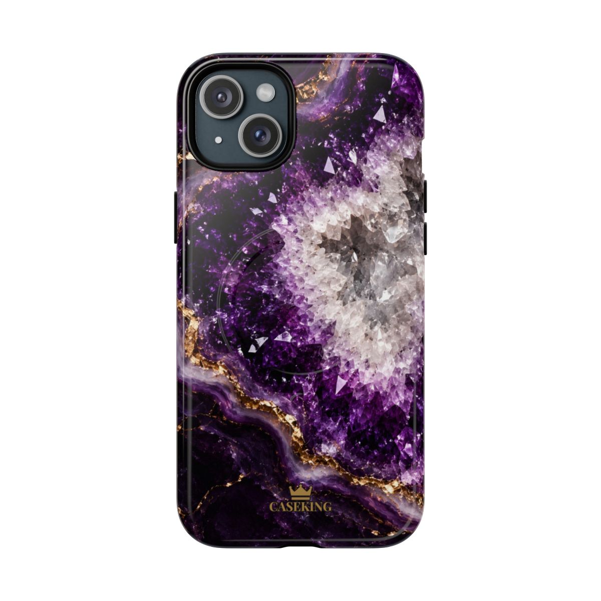 Amethyst Geode MagSafe-compatible tough case on iPhone 15 Plus, glossy finish