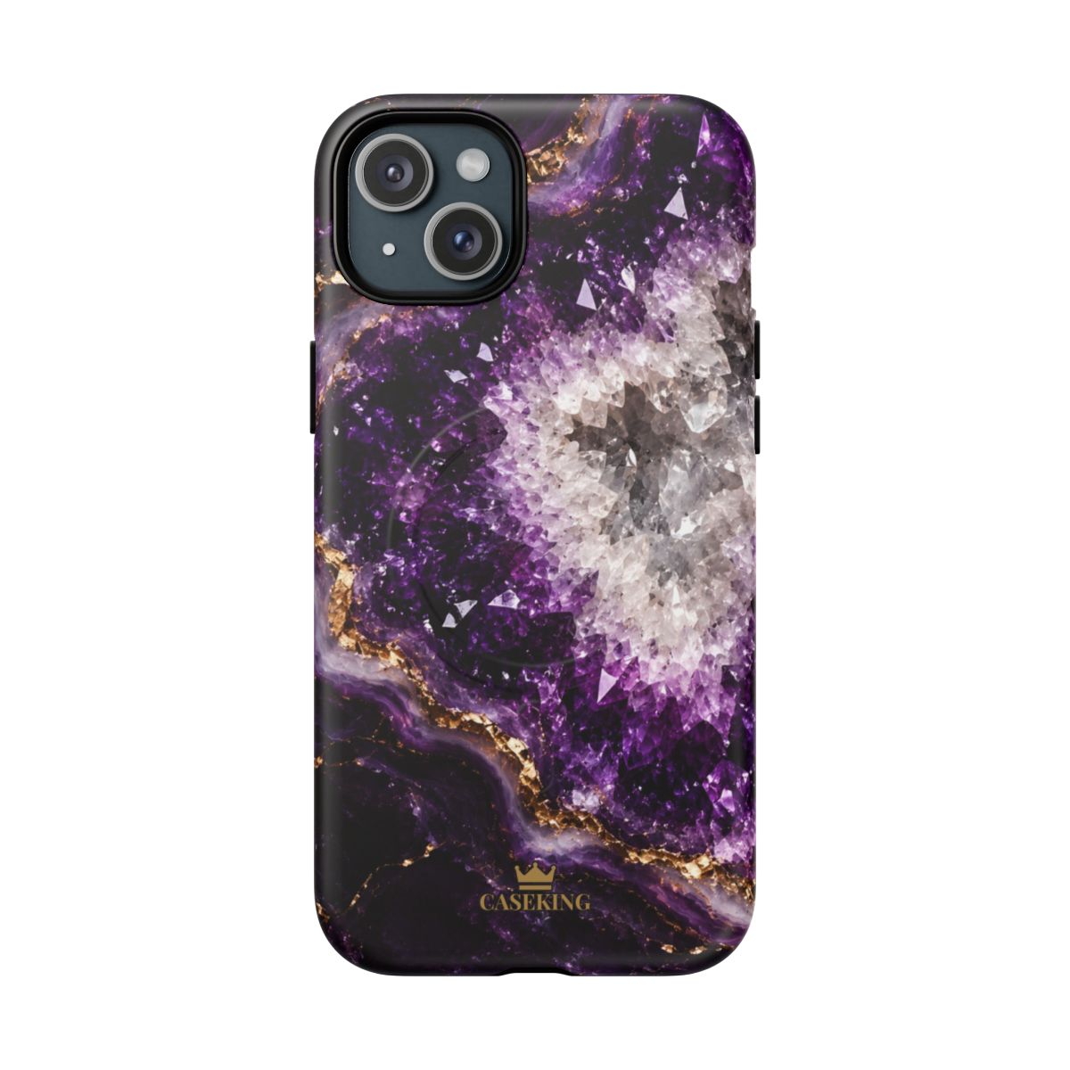 Amethyst Geode MagSafe-compatible tough case on iPhone 15 Plus, matte finish
