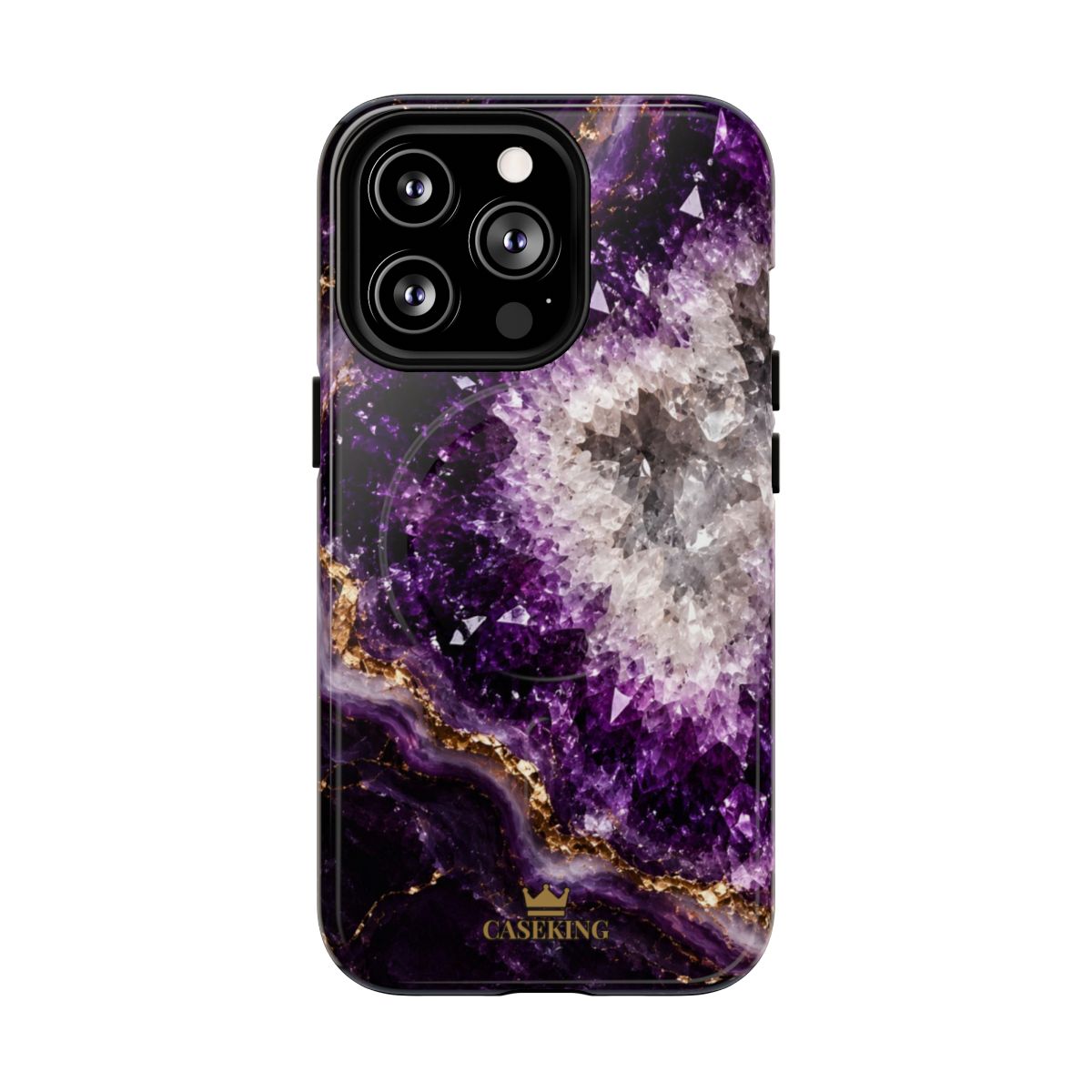 Amethyst Geode MagSafe-compatible tough case on iPhone 13 Pro, glossy finish