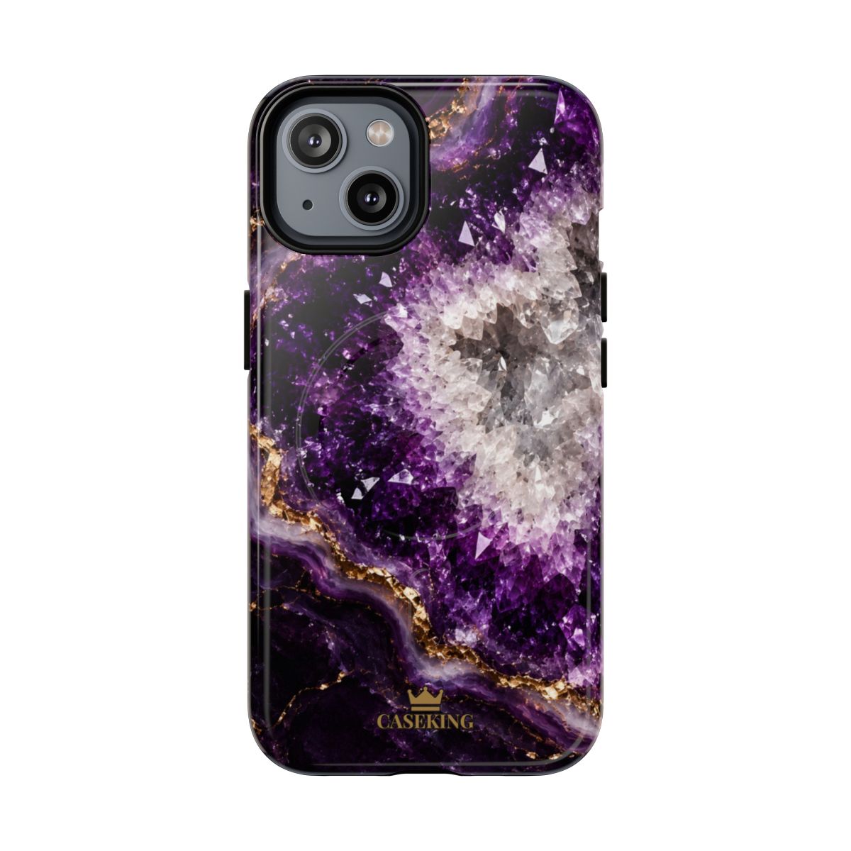 Amethyst Geode MagSafe-compatible tough case on iPhone 14, glossy finish