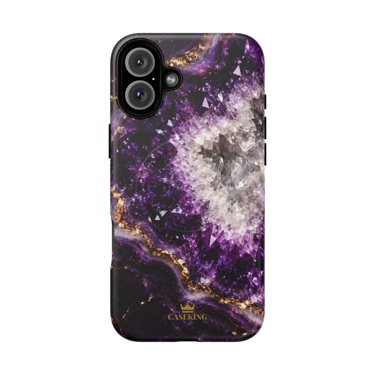 Amethyst Geode MagSafe-compatible tough case on iPhone 16 Plus, matte finish