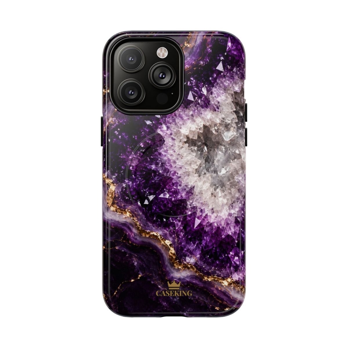 Amethyst Geode MagSafe-compatible tough case on iPhone 14 Pro Max, glossy finish