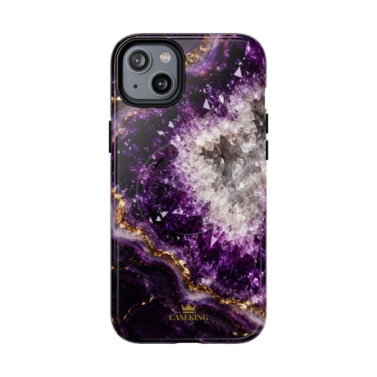 Amethyst Geode MagSafe-compatible tough case on iPhone 14 Plus, glossy finish