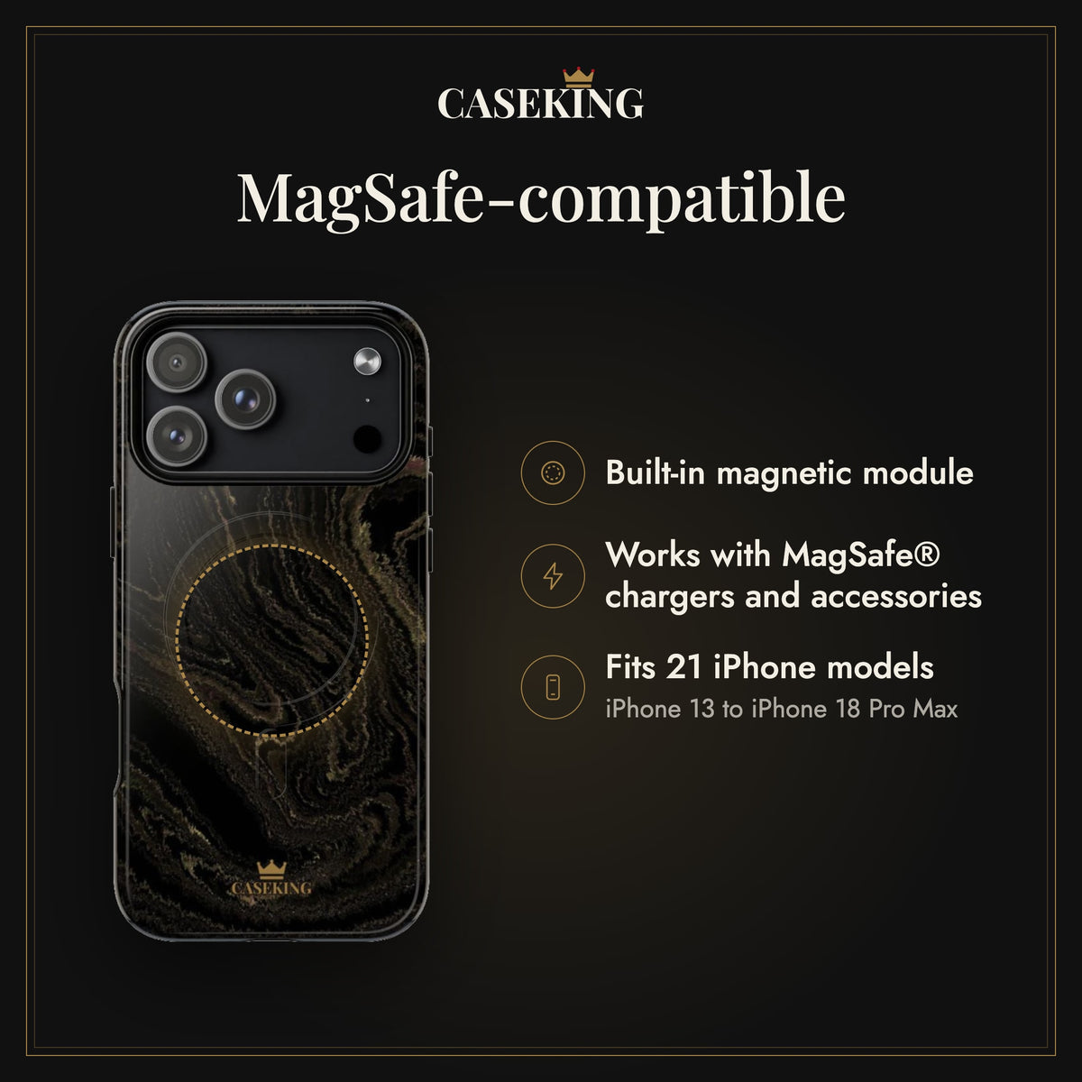 Black & Gold Marble MagSafe-compatible tough case infographic 2: MagSafe-compatible