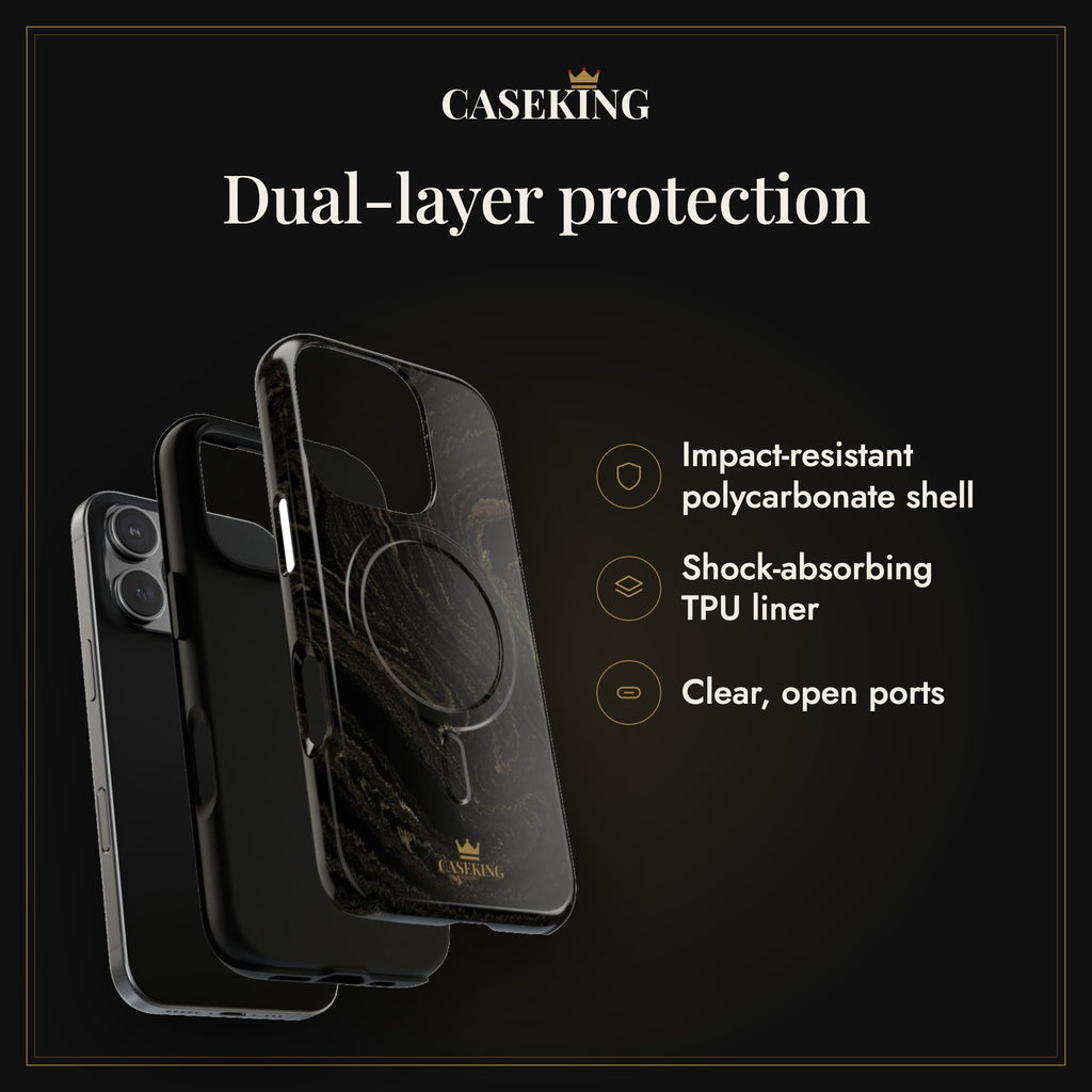 Black & Gold Marble MagSafe-compatible tough case infographic 3: Dual-layer protection