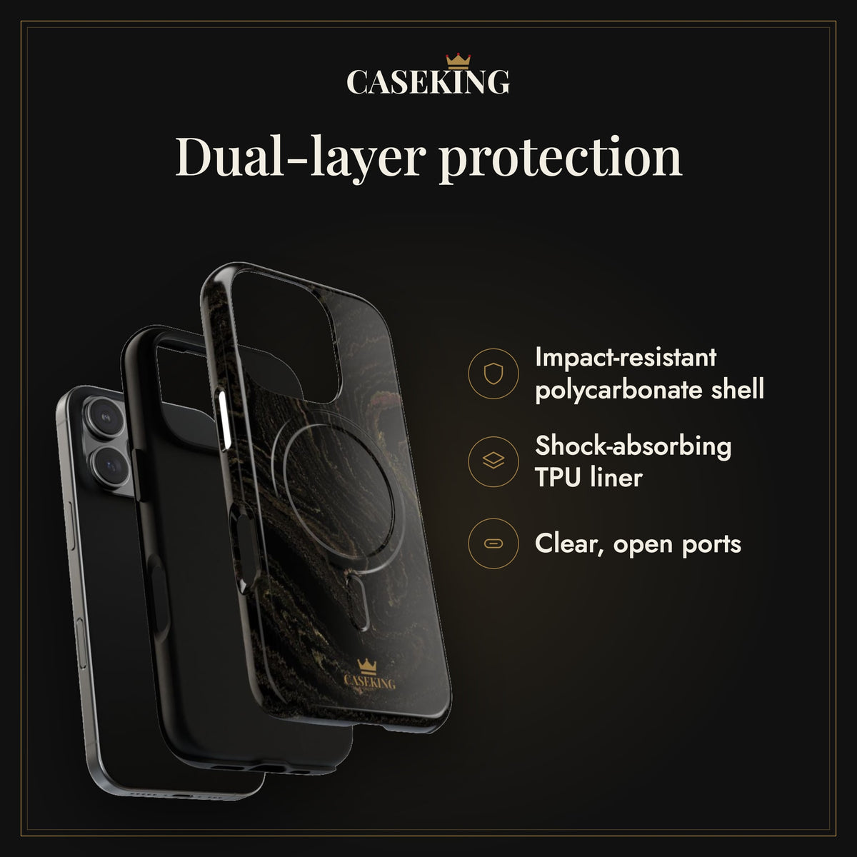 Black & Gold Marble MagSafe-compatible tough case infographic 3: Dual-layer protection