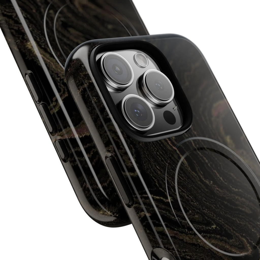 Black & Gold Marble MagSafe-compatible tough case on iPhone 16 Pro, glossy finish (close-up)
