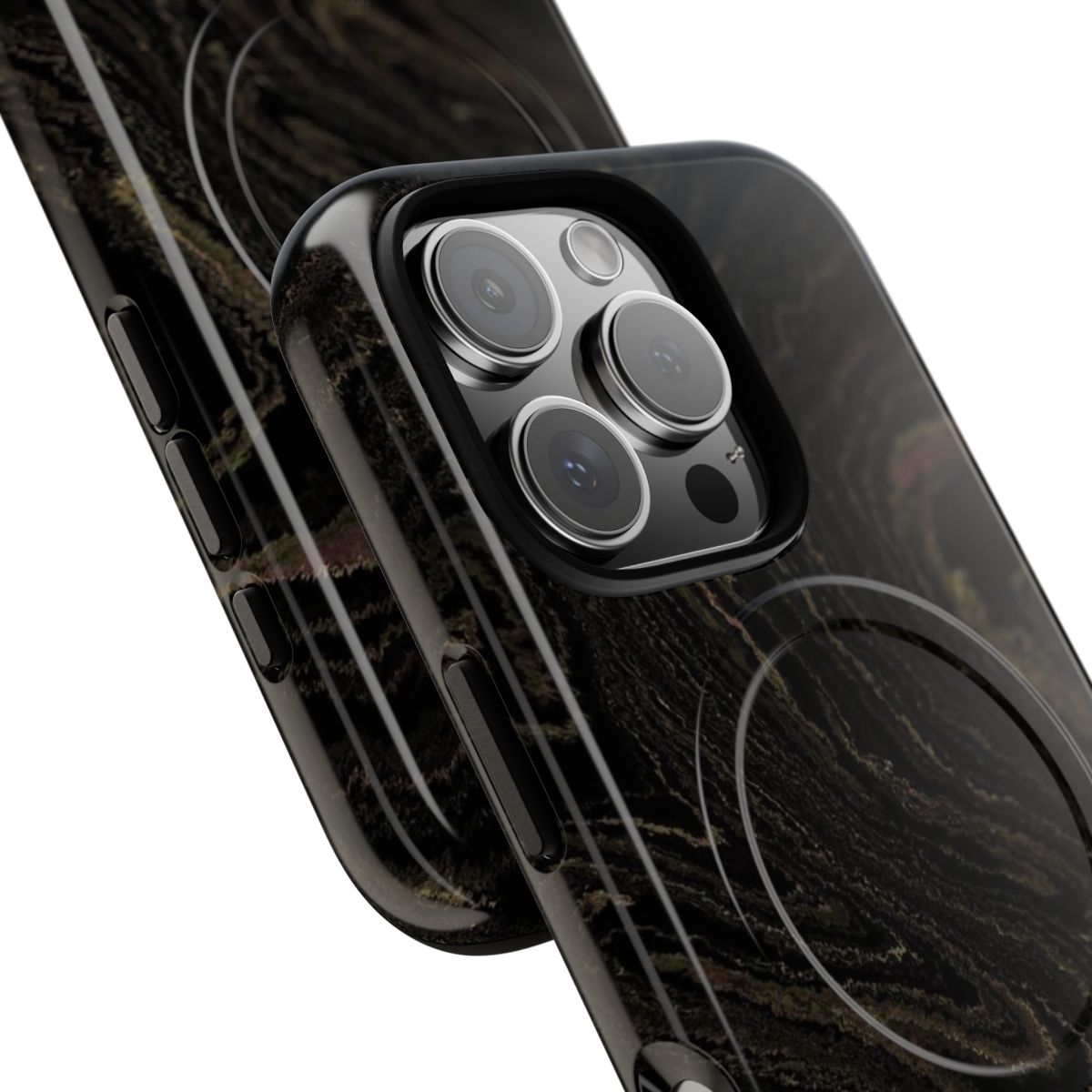Black & Gold Marble MagSafe-compatible tough case on iPhone 16 Pro, glossy finish (close-up)