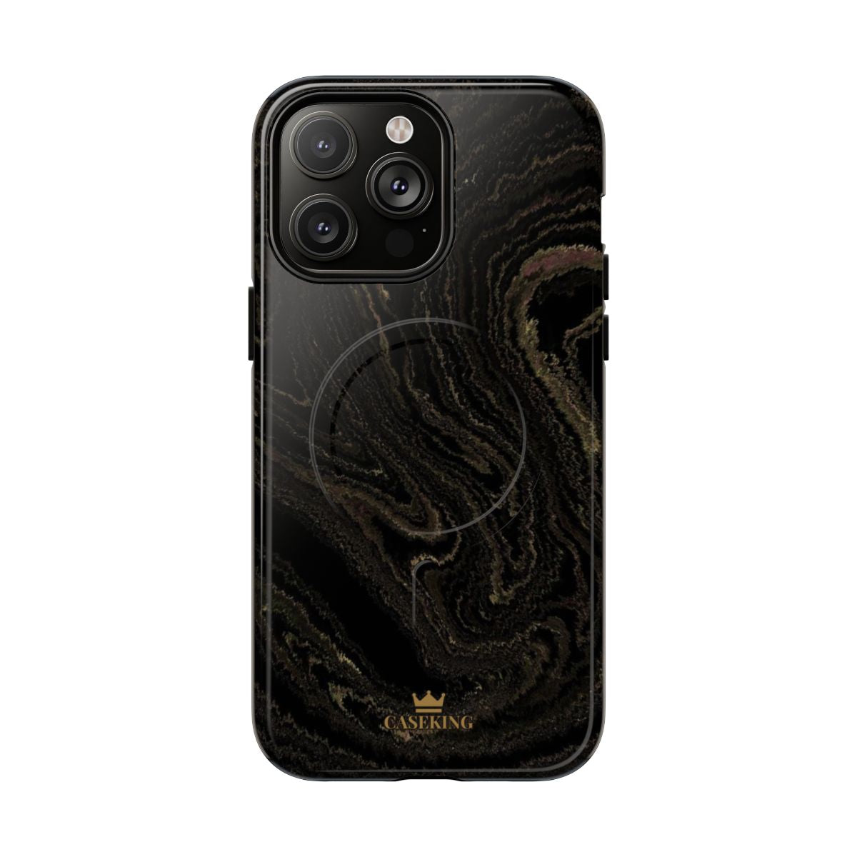 Black & Gold Marble MagSafe-compatible tough case on iPhone 14 Pro Max, glossy finish
