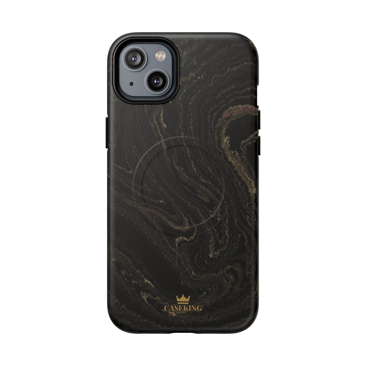 Black & Gold Marble MagSafe-compatible tough case on iPhone 14 Plus, matte finish