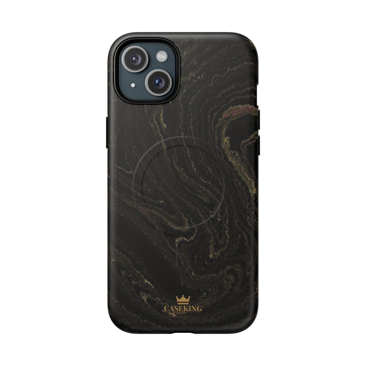 Black & Gold Marble MagSafe-compatible tough case on iPhone 15 Plus, matte finish