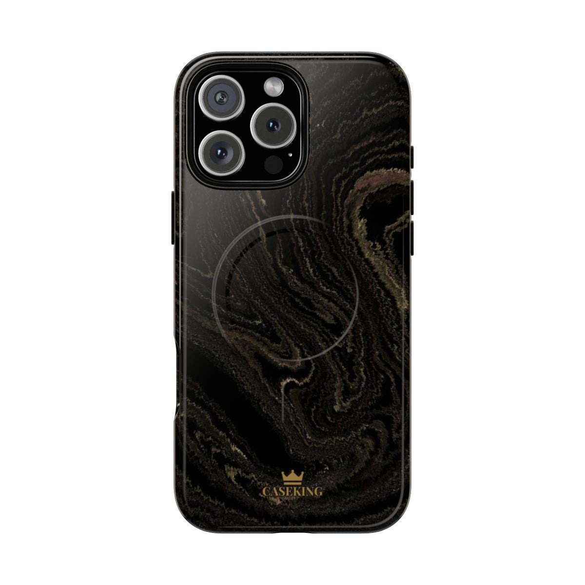 Black & Gold Marble MagSafe-compatible tough case on iPhone 16 Pro Max, glossy finish