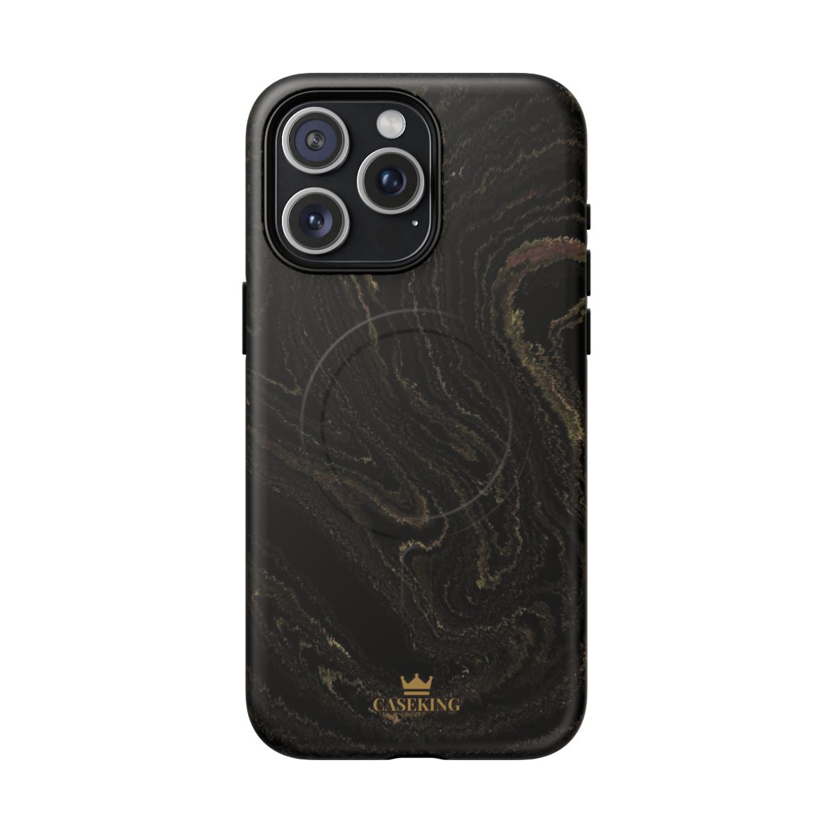 Black & Gold Marble MagSafe-compatible tough case on iPhone 15 Pro Max, matte finish