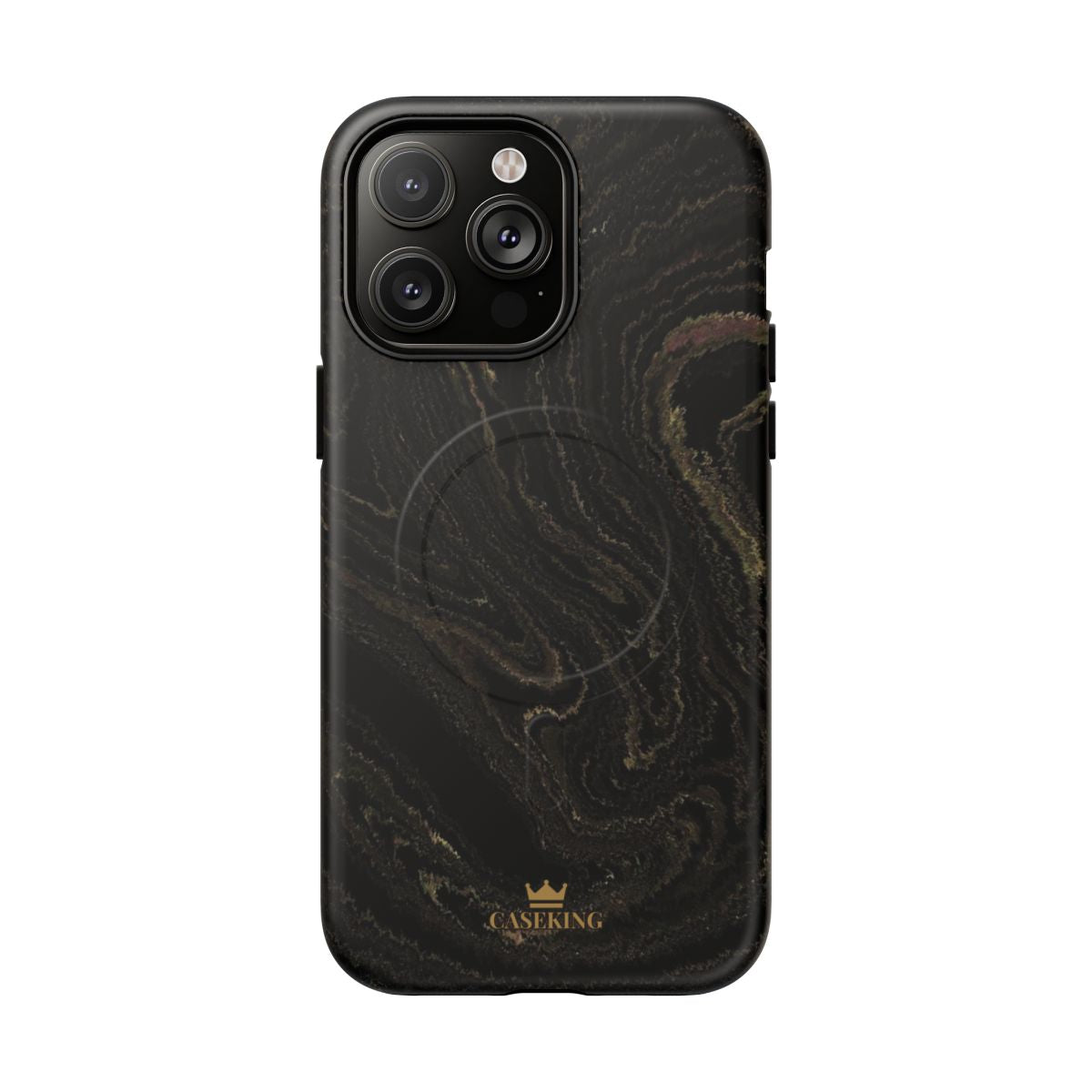 Black & Gold Marble MagSafe-compatible tough case on iPhone 14 Pro Max, matte finish