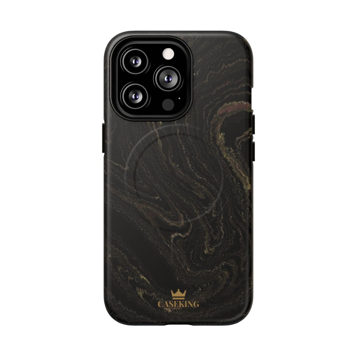 Black & Gold Marble MagSafe-compatible tough case on iPhone 13 Pro, matte finish