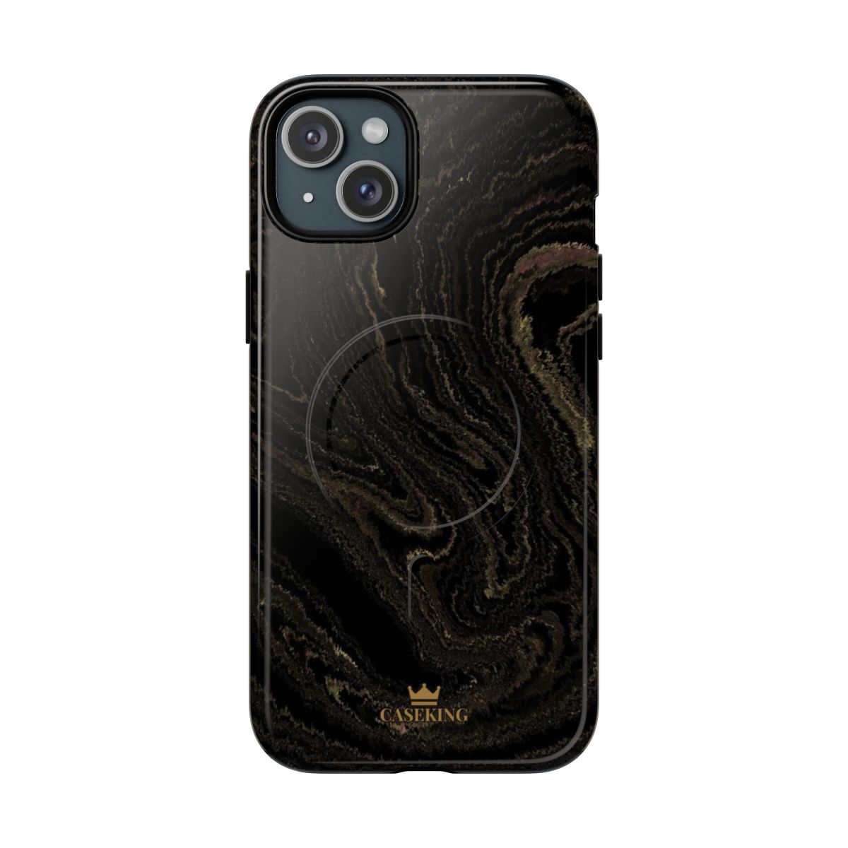 Black & Gold Marble MagSafe-compatible tough case on iPhone 15 Plus, glossy finish