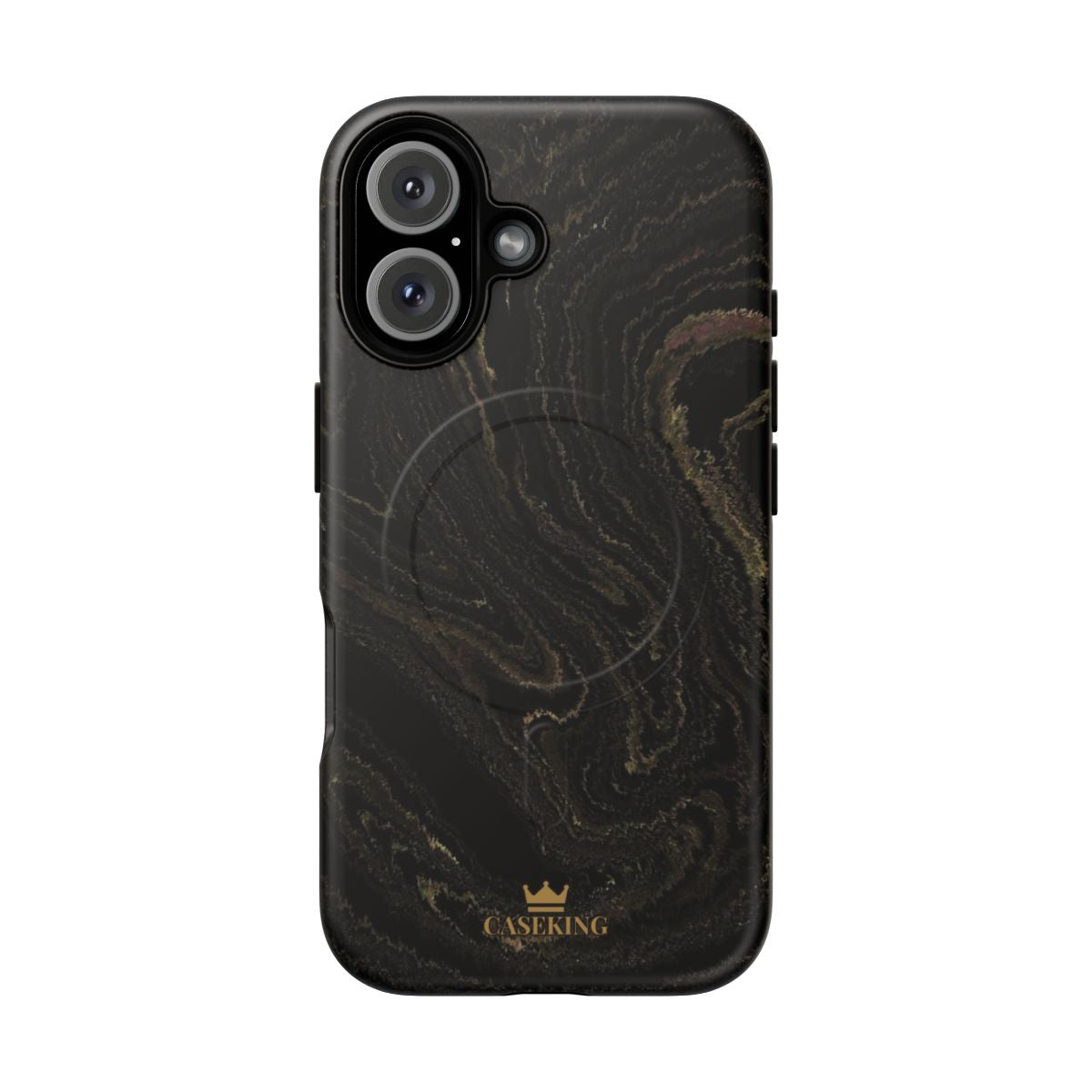 Black & Gold Marble MagSafe-compatible tough case on iPhone 16, matte finish