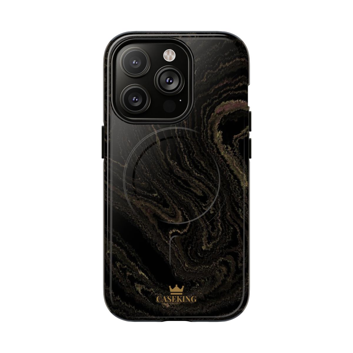 Black & Gold Marble MagSafe-compatible tough case on iPhone 14 Pro, glossy finish