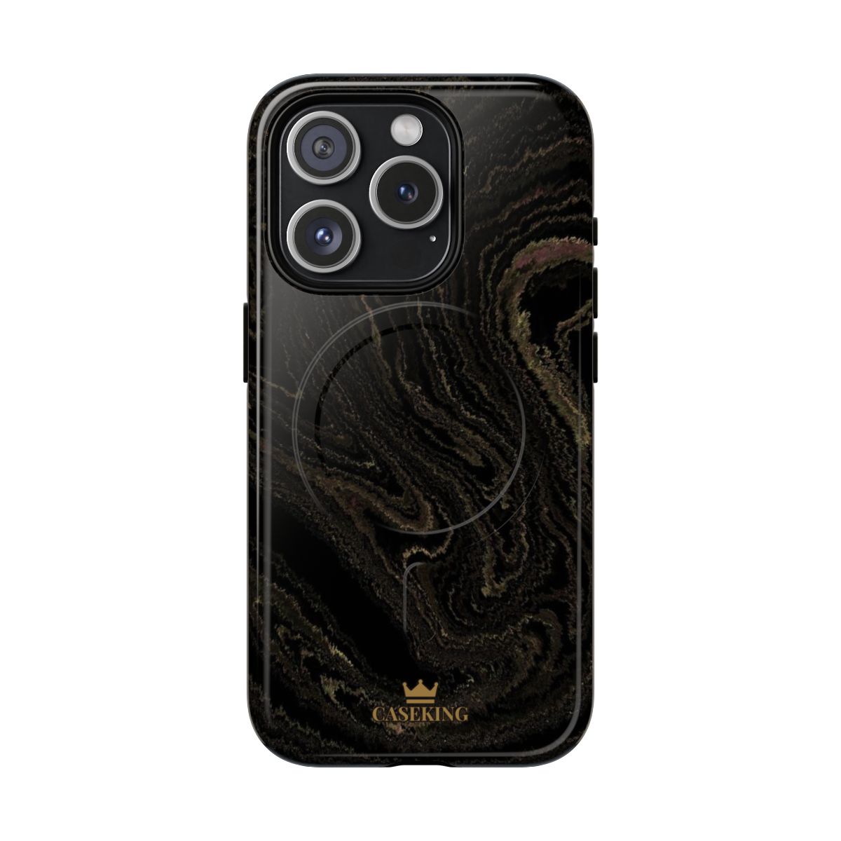 Black & Gold Marble MagSafe-compatible tough case on iPhone 15 Pro, glossy finish