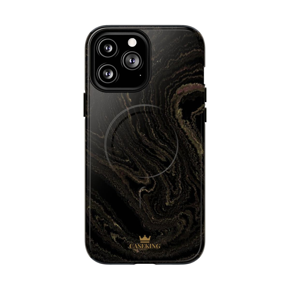 Black & Gold Marble MagSafe-compatible tough case on iPhone 13 Pro Max, glossy finish