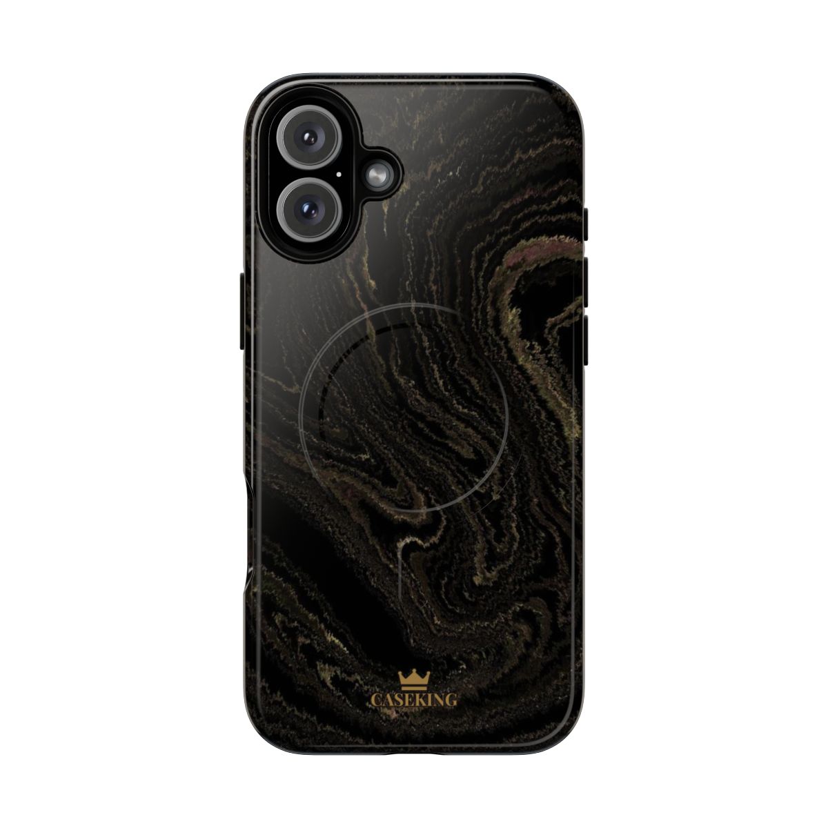 Black & Gold Marble MagSafe-compatible tough case on iPhone 16 Plus, glossy finish