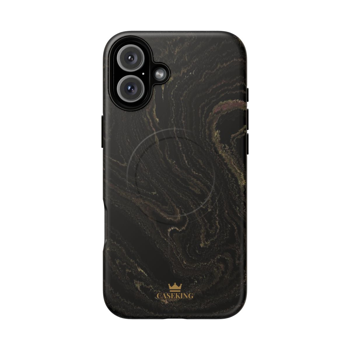 Black & Gold Marble MagSafe-compatible tough case on iPhone 16 Plus, matte finish