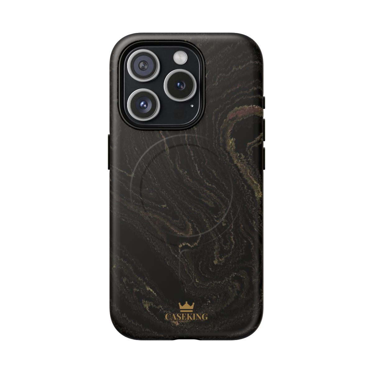 Black & Gold Marble MagSafe-compatible tough case on iPhone 15 Pro, matte finish