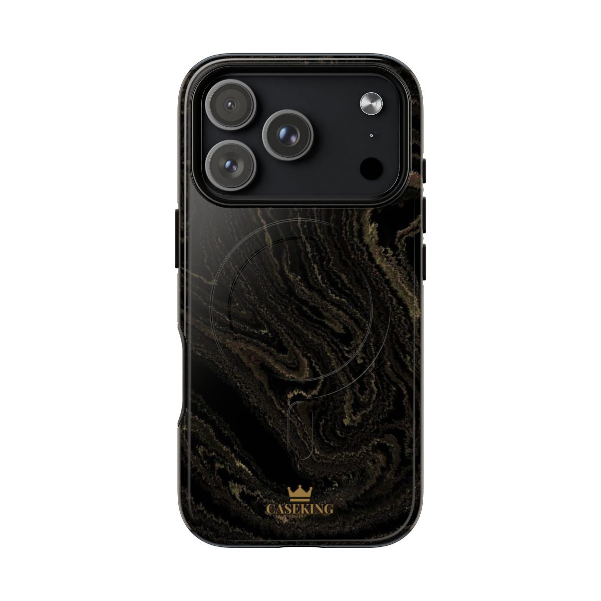 Black & Gold Marble MagSafe-compatible tough case on iPhone 18 Pro, glossy finish