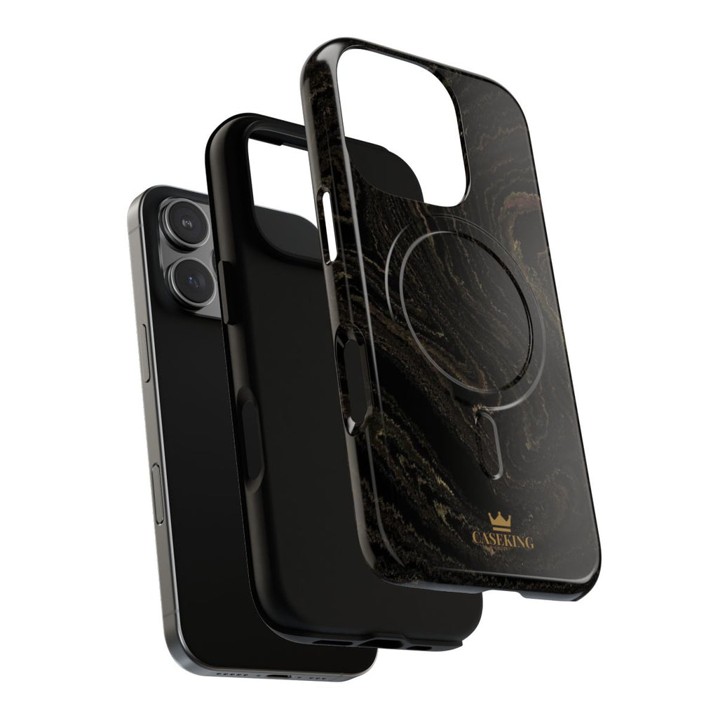 Black & Gold Marble MagSafe-compatible tough case on iPhone 16 Pro, glossy finish (case layers)
