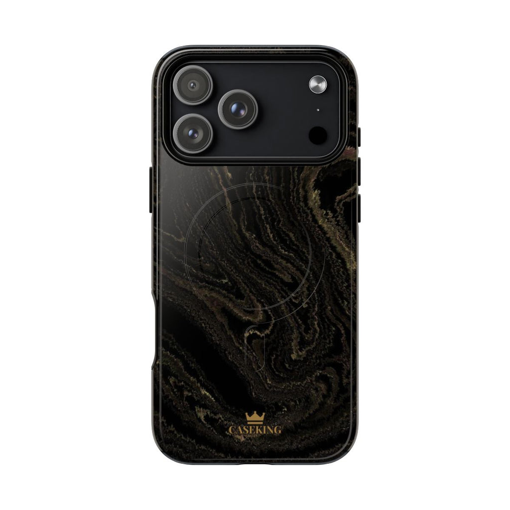 Black & Gold Marble MagSafe-compatible tough case on iPhone 18 Pro Max, glossy finish