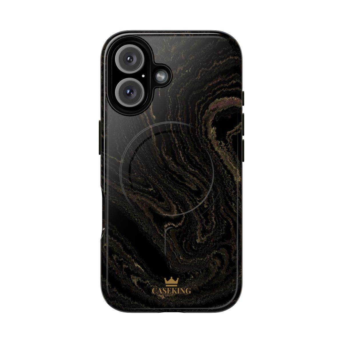 Black & Gold Marble MagSafe-compatible tough case on iPhone 16, glossy finish