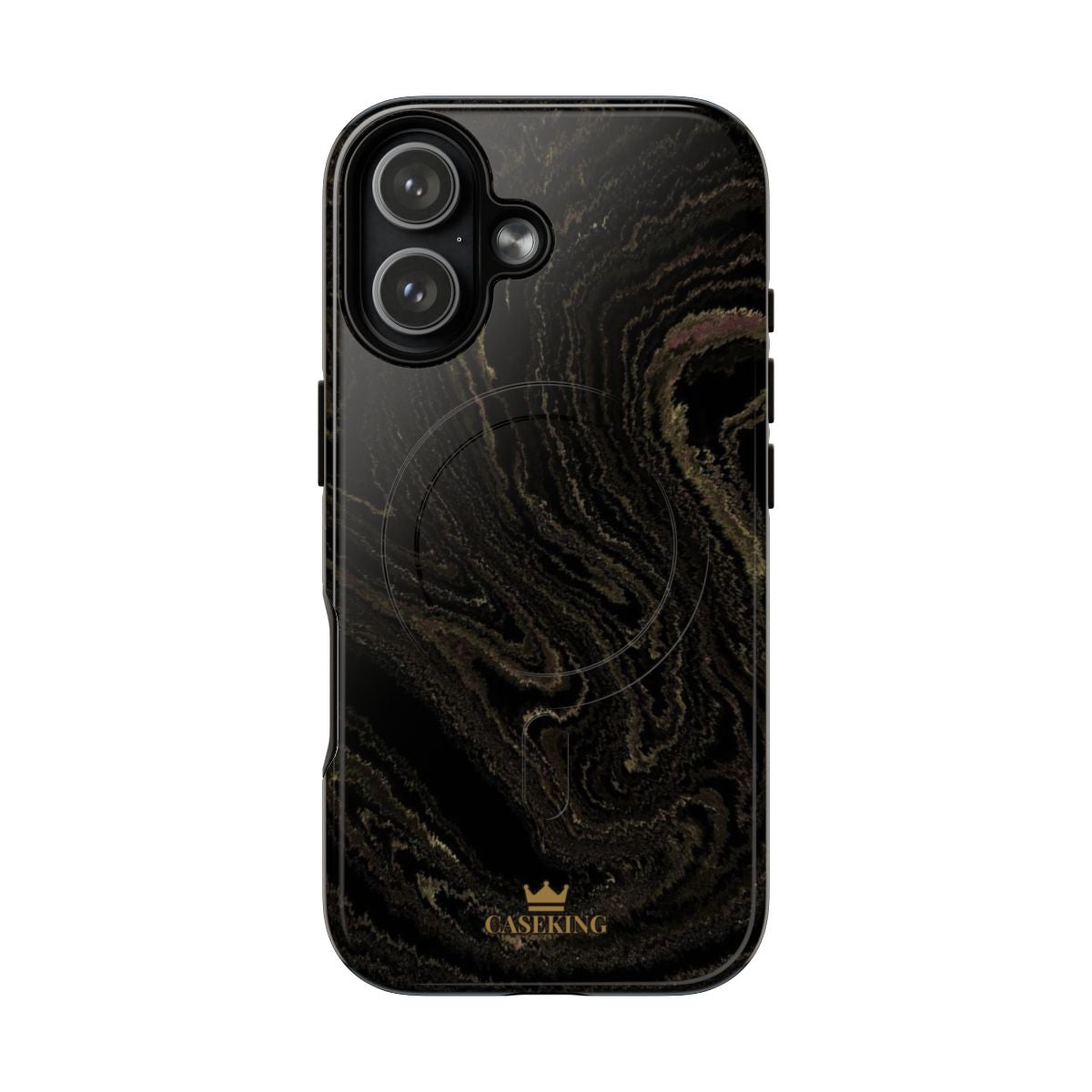 Black & Gold Marble MagSafe-compatible tough case on iPhone 17, glossy finish